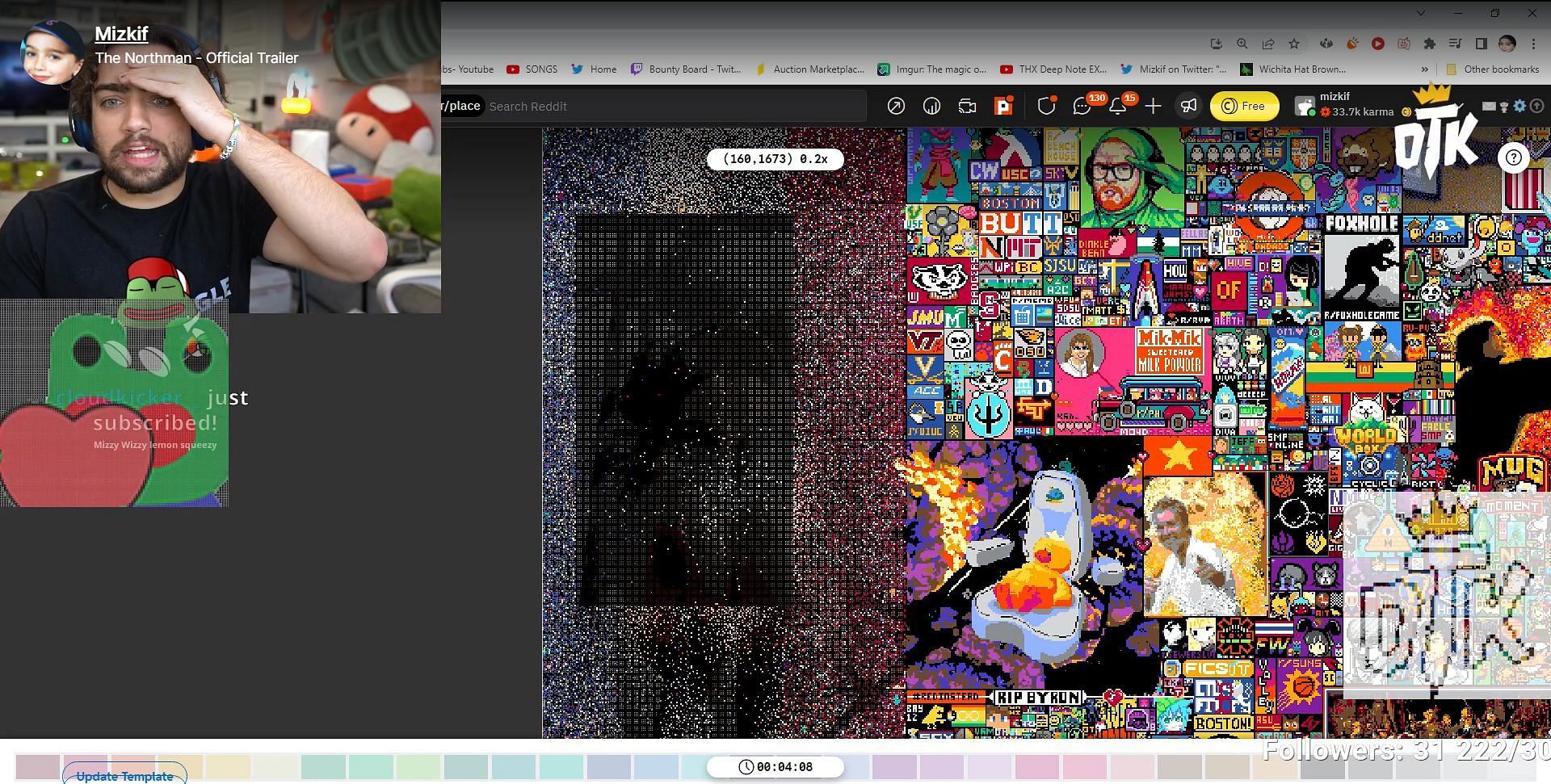 Mizkif shocked after r/place mods take action against questionable picture (Images via Twitch/mizkif)