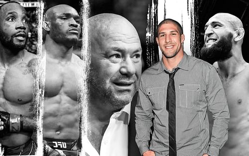 (L-R) Leon Edwards, Kamaru Usman, Dana White, Brendan Schaub, Khamzat Chimaev