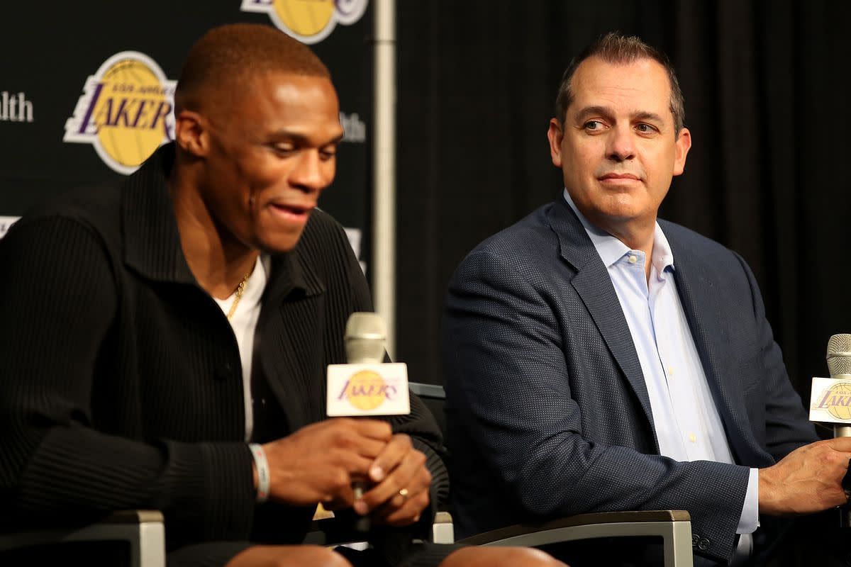 Russell Westbrook and Frank Vogel during the former&#039;s introduction as the latest LA Lakers superstar. [Photo: Fadeaway World]
