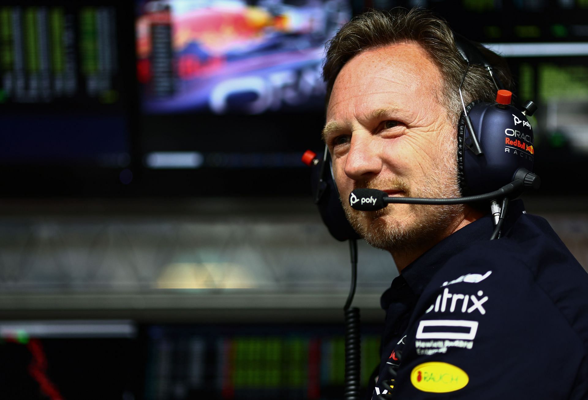 Red Bull Racing Team Principal Christian Horner looks on from the pitwall during qualifying ahead of the F1 Grand Prix of Saudi Arabia at the Jeddah Corniche Circuit on March 26, 2022 in Jeddah, Saudi Arabia. (Photo by Mark Thompson/Getty Images)