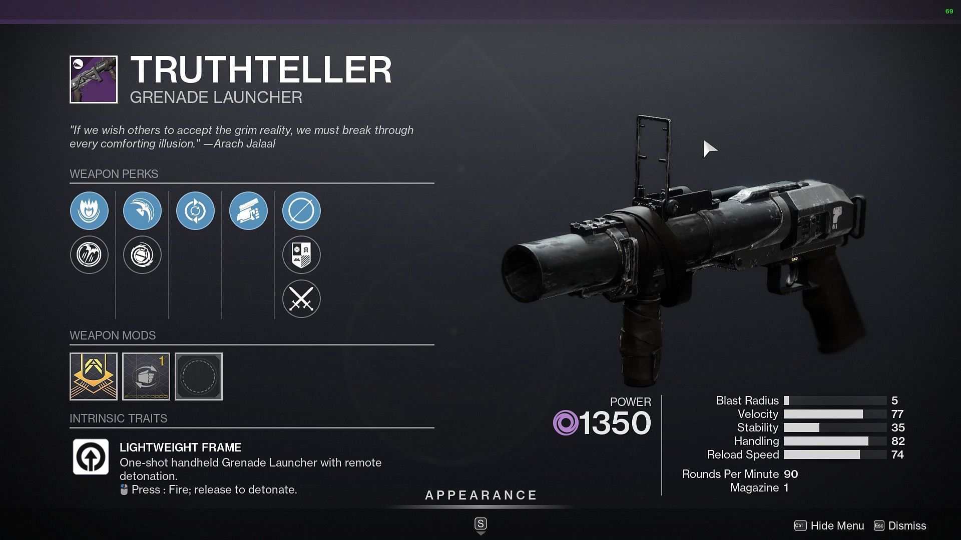 Truthteller legendary Grenade Launcher in Xur&#039;s inventory (Image via Destiny 2)