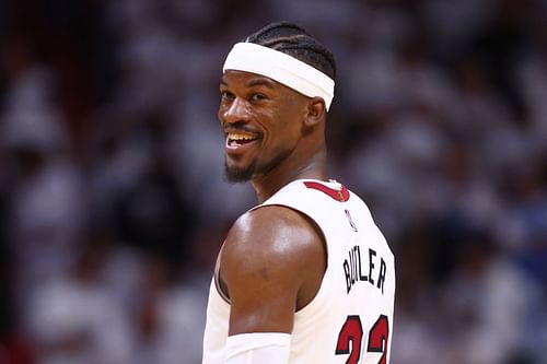  Jimmy Butler reacts after a point in Atlanta Hawks v Miami Heat - Game Two