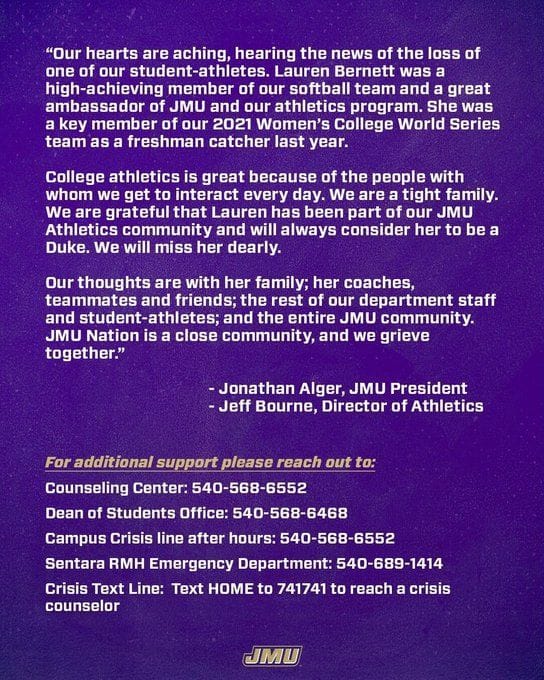 Who was Lauren Tributes pour in as JMU softball star dies aged 20
