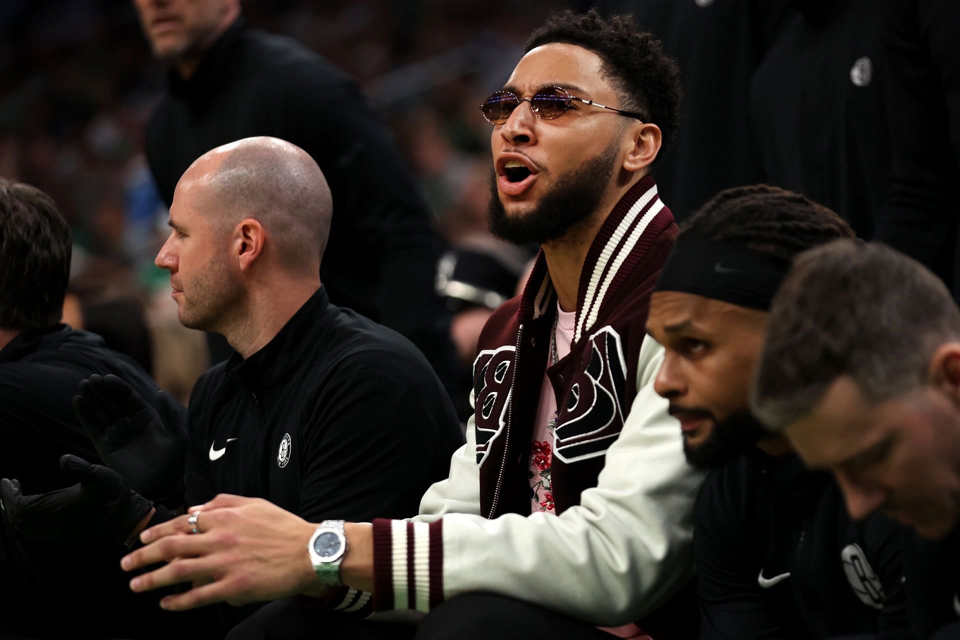 Ben Simmons watches on from the sidelines during Brooklyn Nets v Boston Celtics - Game One