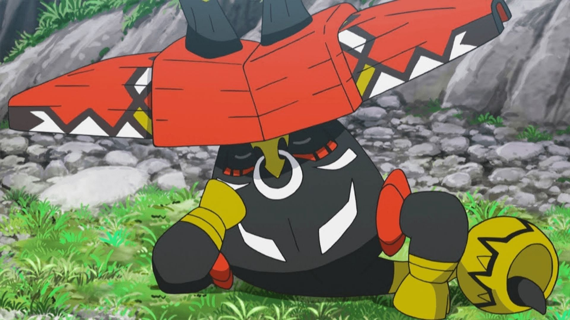 Tapu Bulu, the current Five-Star Raid Boss, as it appears in the anime (Image via The Pokemon Company)