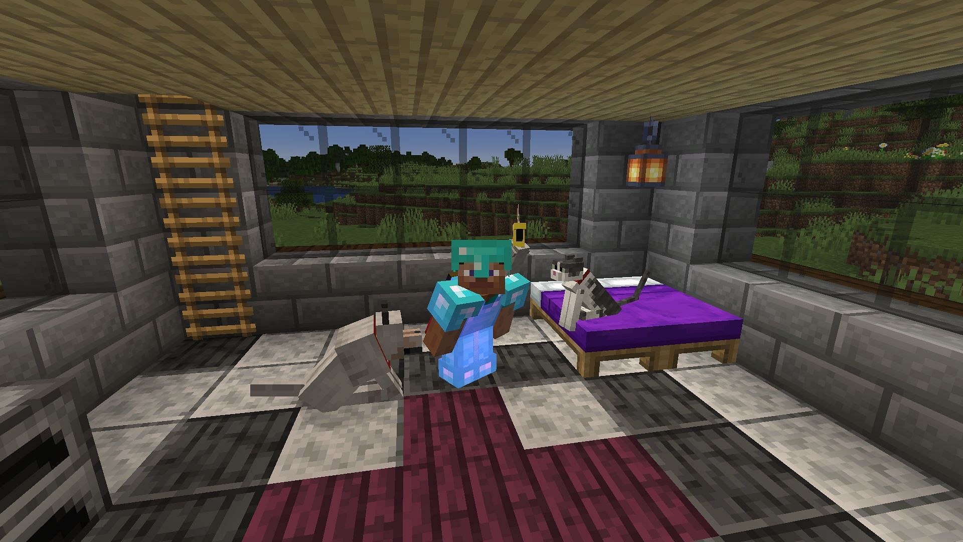 A player in their base with their tamed pets (Image via Minecraft)