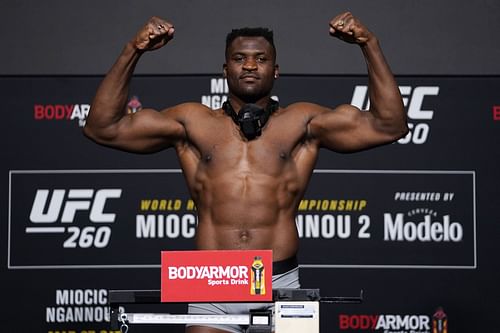 Francis Ngannou on the scales. (Image courtesy of Getty)