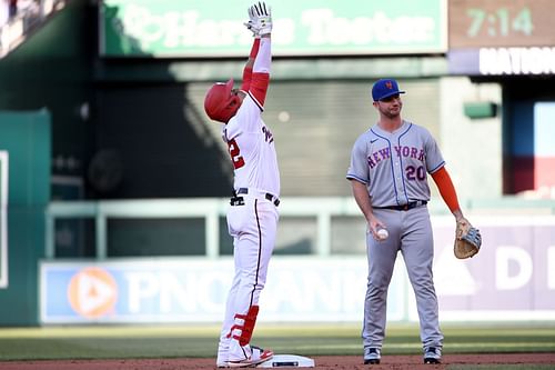 Juan Soto celebrates hitting a double off of the Mets last year