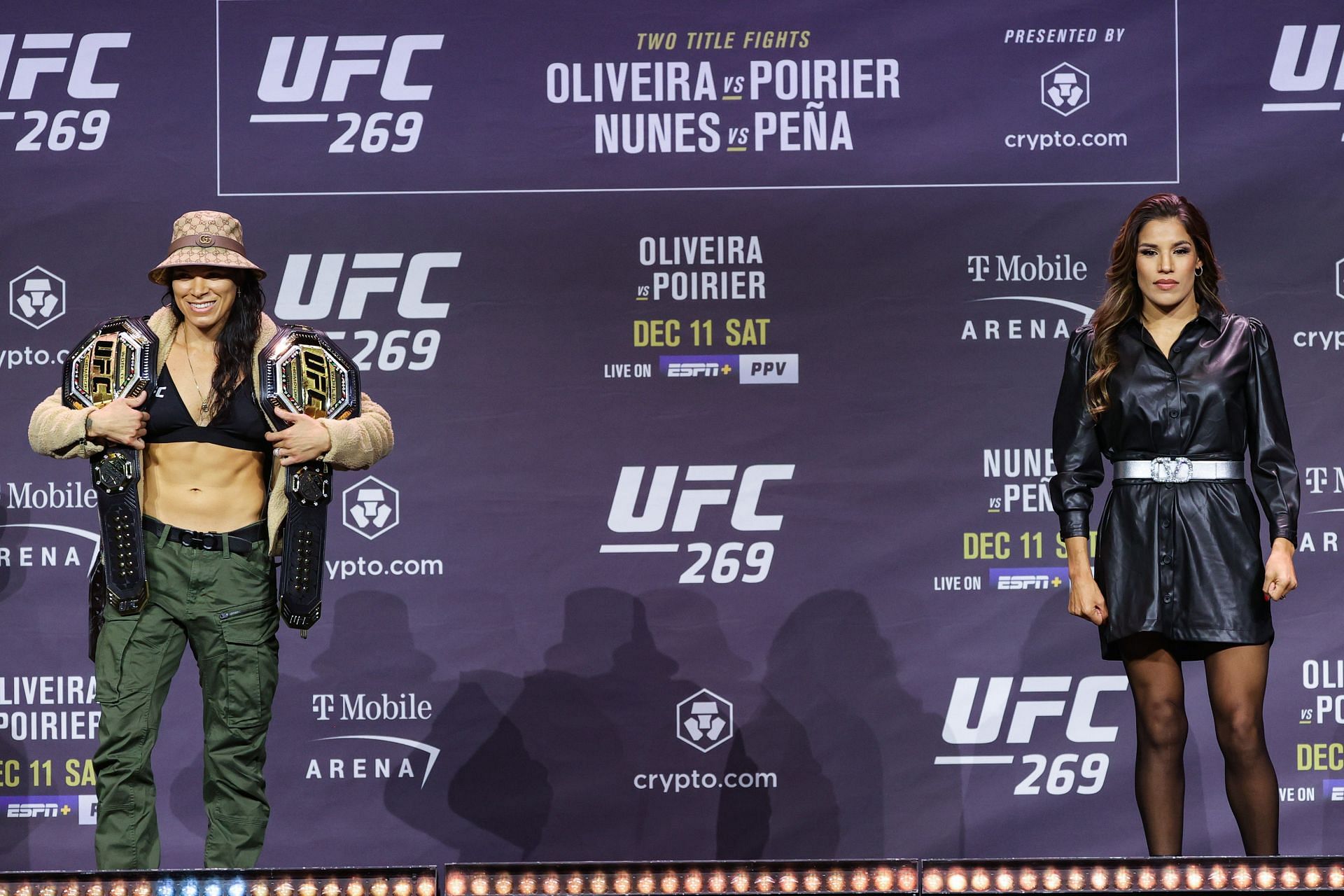 UFC 269 Press Conference: Amanda Nunes (left) and Julianna Pe&ntilde;a (right)