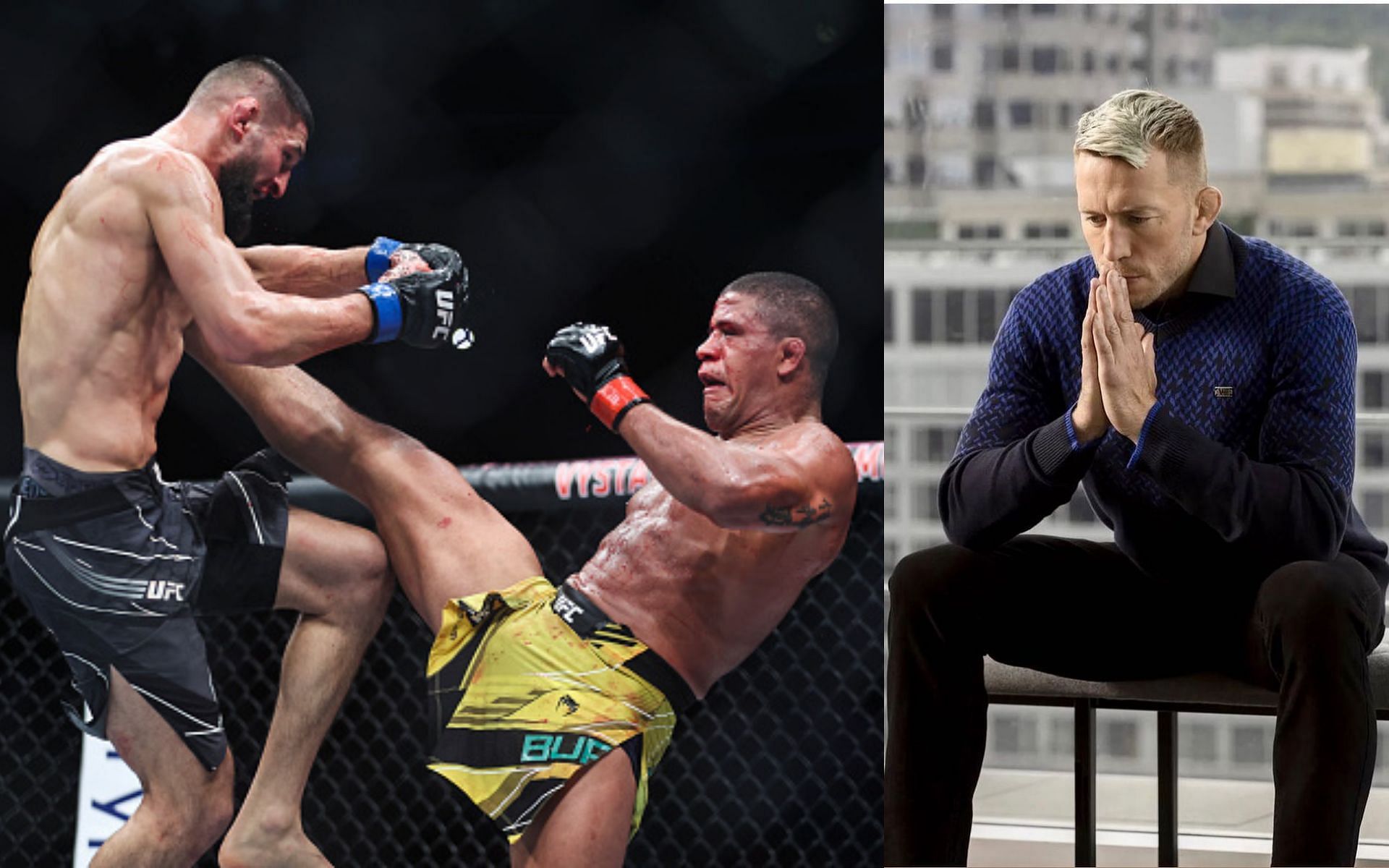 From left to right: Khamzat Chimaev, Gilbert Burns, and Georges St-Pierre