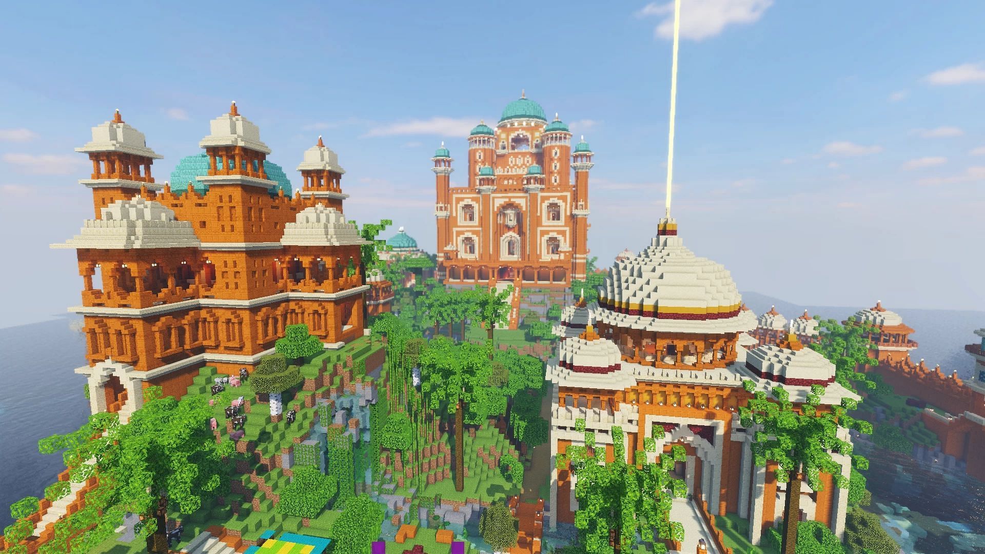Mughal inspired builds with the palace in the back (Image via planetminecraft.com)