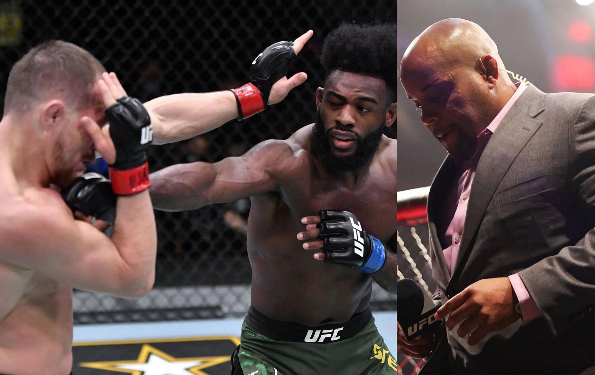 Petr Yan (left), Aljamain Sterling (center) &amp; Daniel Cormier (right)