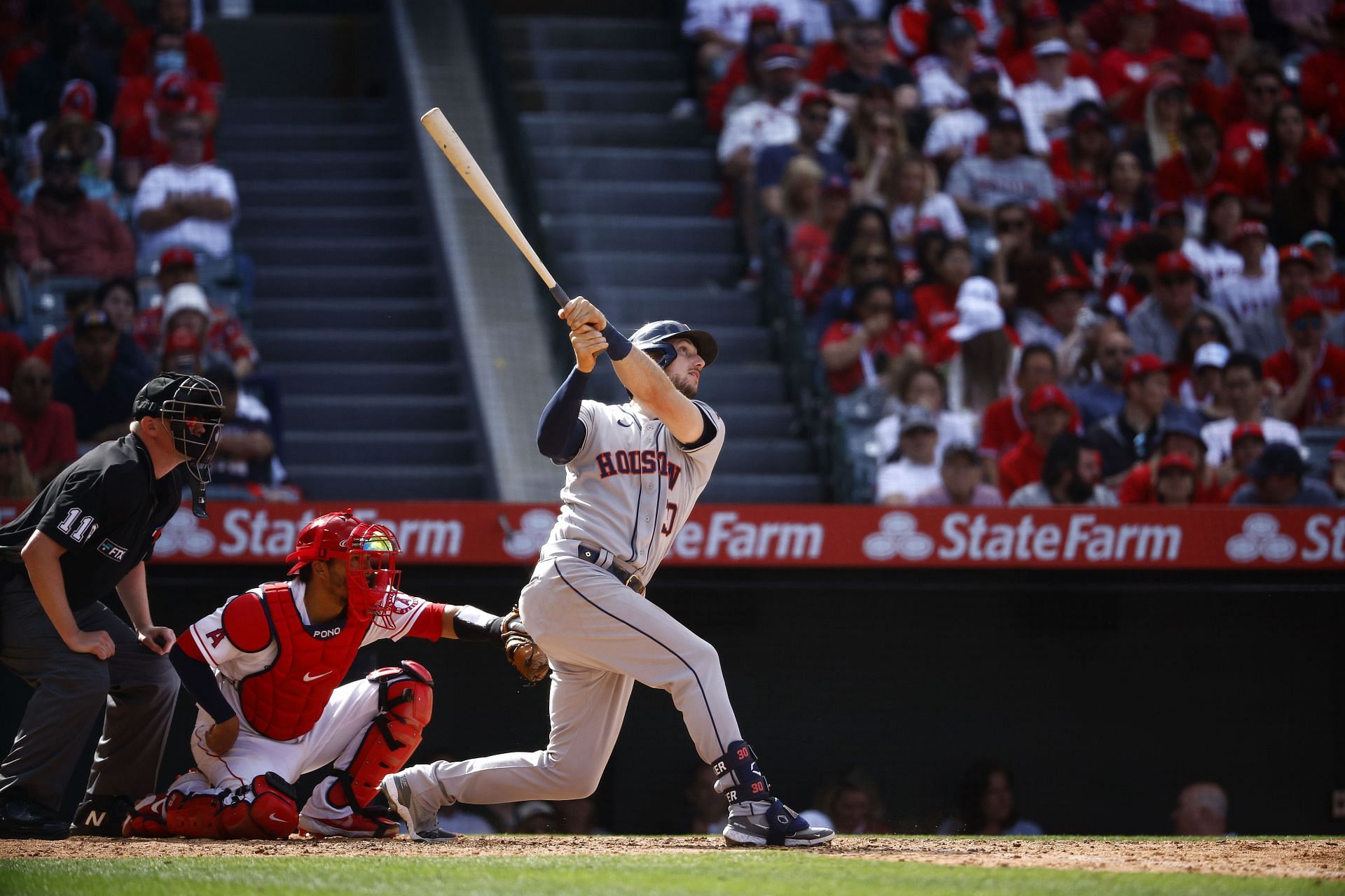 Kyle Tucker swings at a ptich during last weekend's Astros v Angels game