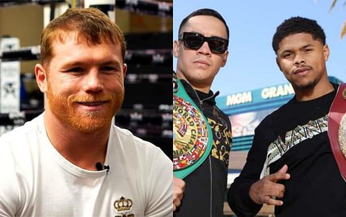 Canelo Alvarez (left) and Oscar Valdez with Shakur Stevenson (right)