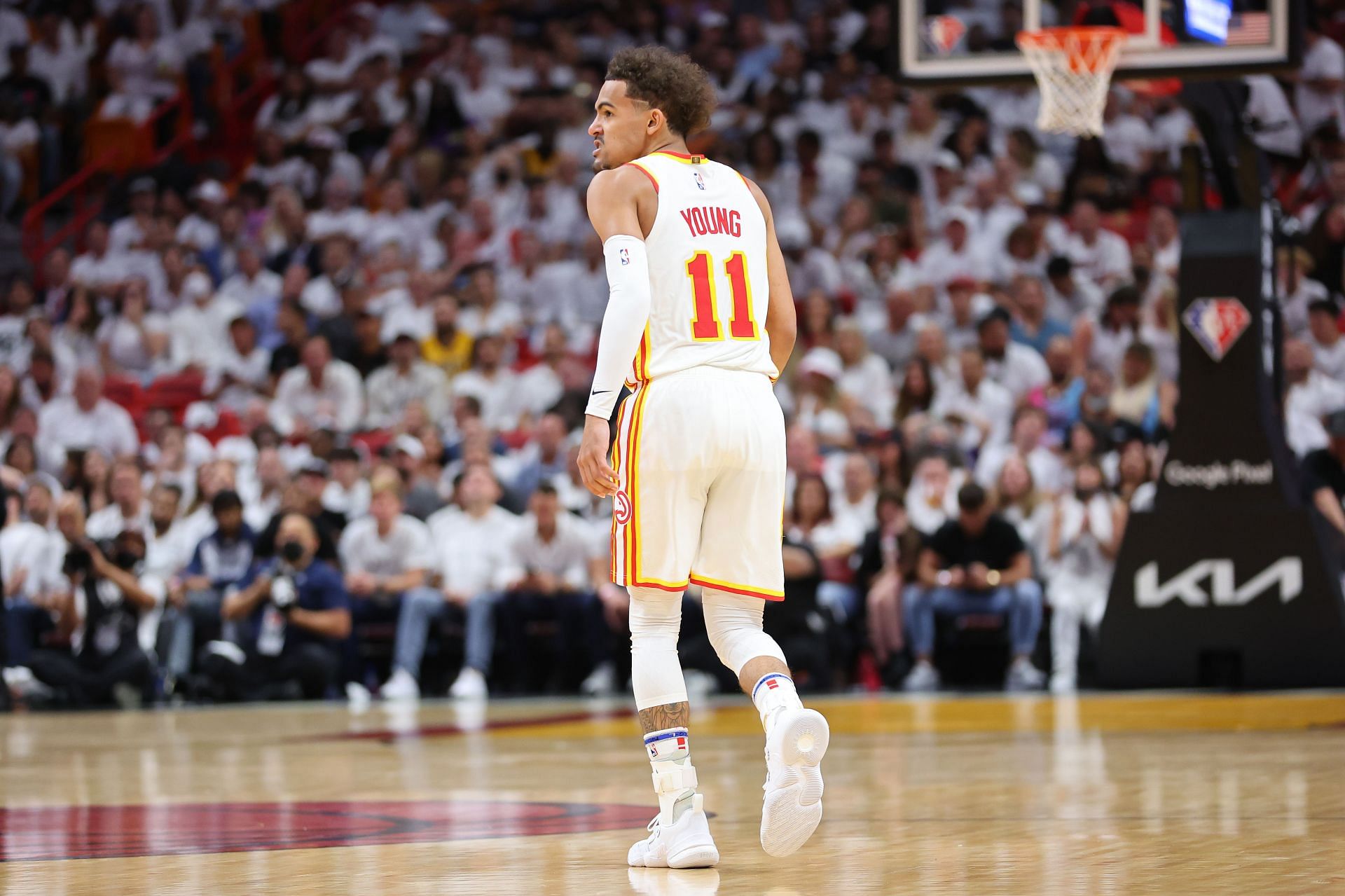 Atlanta Hawks guard Trae Young reacts to the Miami Heat.