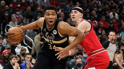 Giannis Antetokounmpo of the Milwaukee Bucks against Chicago Bulls' Alex Caruso