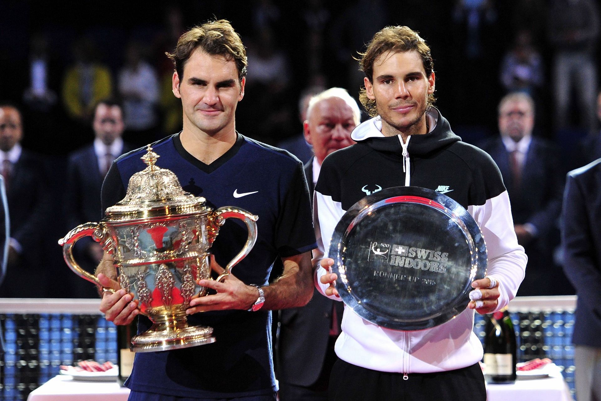Rafael Nadal (right) has reached only one final in Basel in four attempts so far