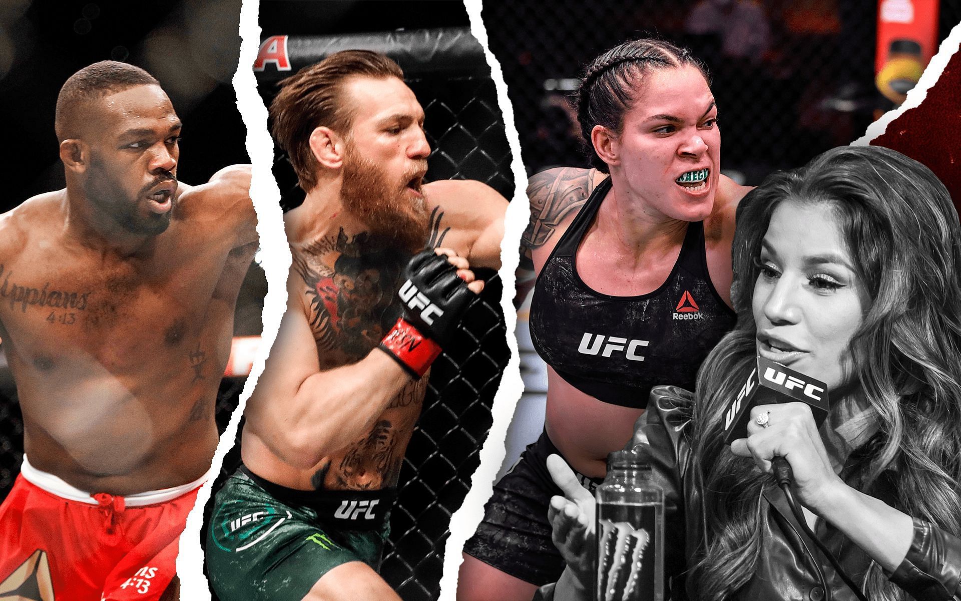 Jon Jones (extreme left), Conor McGregor (middle-left) and Amanda Nunes (middle-right) and Julianna Pe&ntilde;a (extreme right)