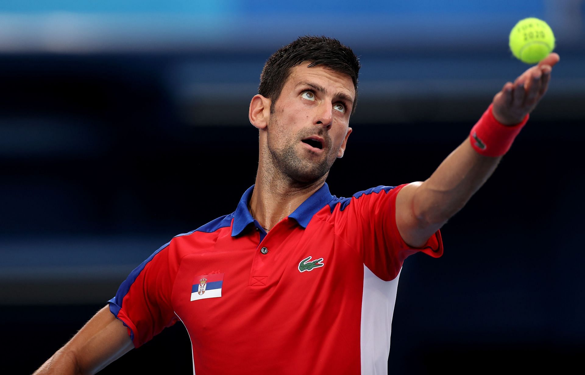 Novak Djokovic serving at the Tokyo Olympics in 2021