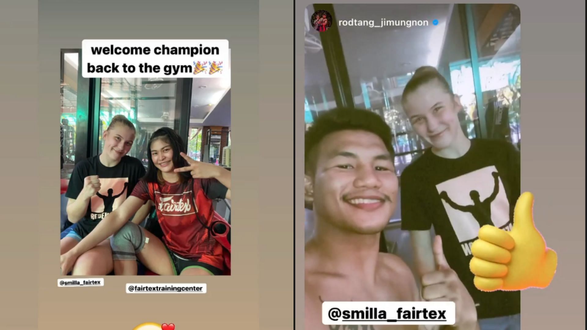 [Photo credit: Smilla Sundell&#039;s Instagram story @smilla_fairtex] Sundell with Stamp Fairtex and Rodtang