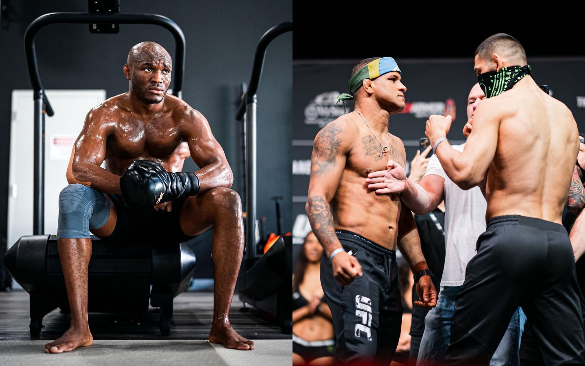 Kamaru Usman (L), Gilbert Burns and Khamzat Chimaev (R) (Images via @usman84kg and @ufc on Instagram)