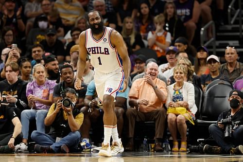 Philadelphia 76ers v Phoenix Suns; James Harden cringes to a call