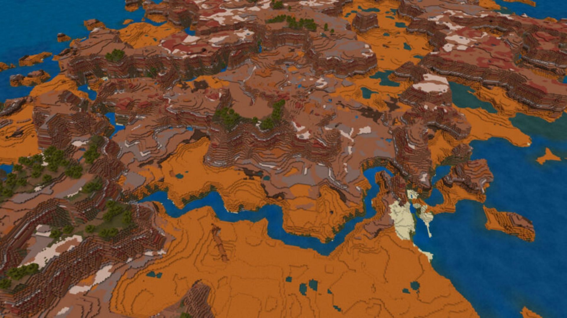 A badlands biome complete with rivers and oceans (Image via PelegIT)