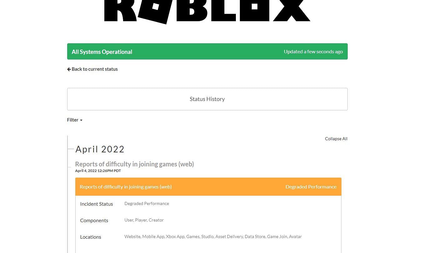 Status of the server can be checked (Image via status.roblox.com)