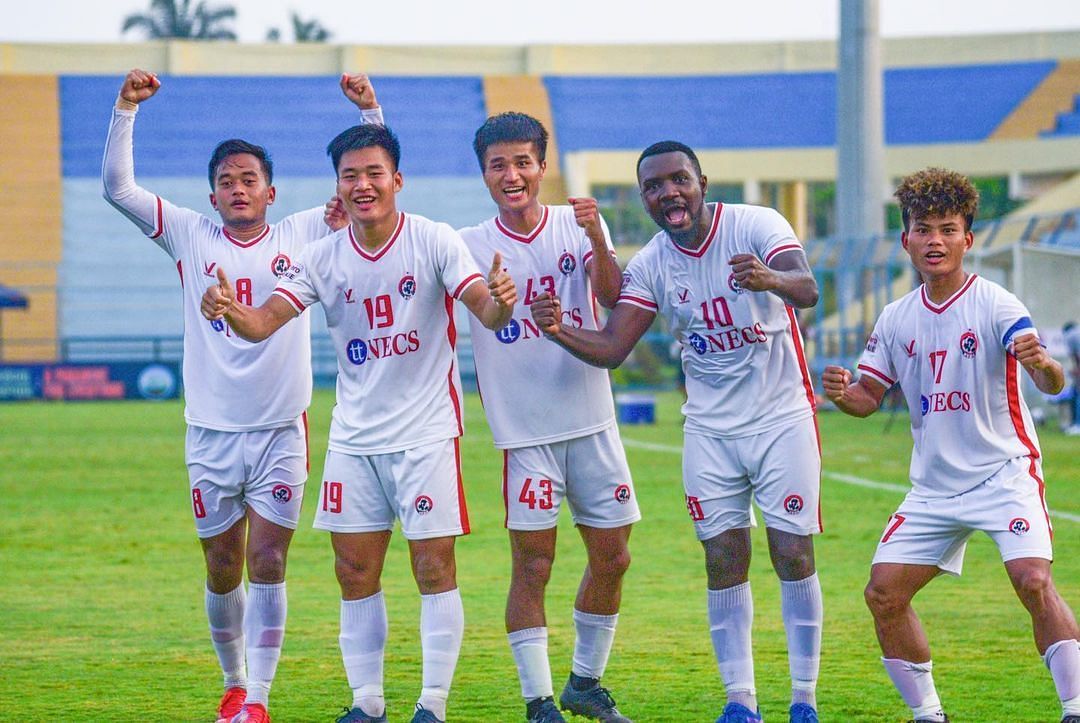 Aizawl FC players celebrating Dipanda Dicka&#039;s winner against the Indian Arrows (Image Courtesy: Aizawl FC Instagram)