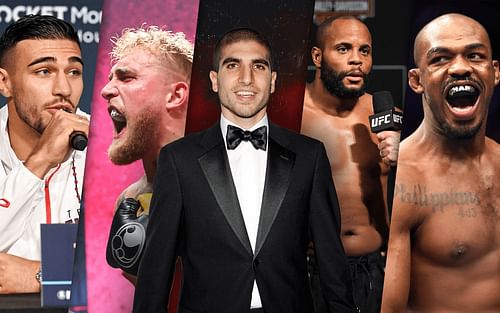 From left to right: Tommy Fury, Jake Paul, Ariel Helwani, Daniel Cormier, and Jon Jones