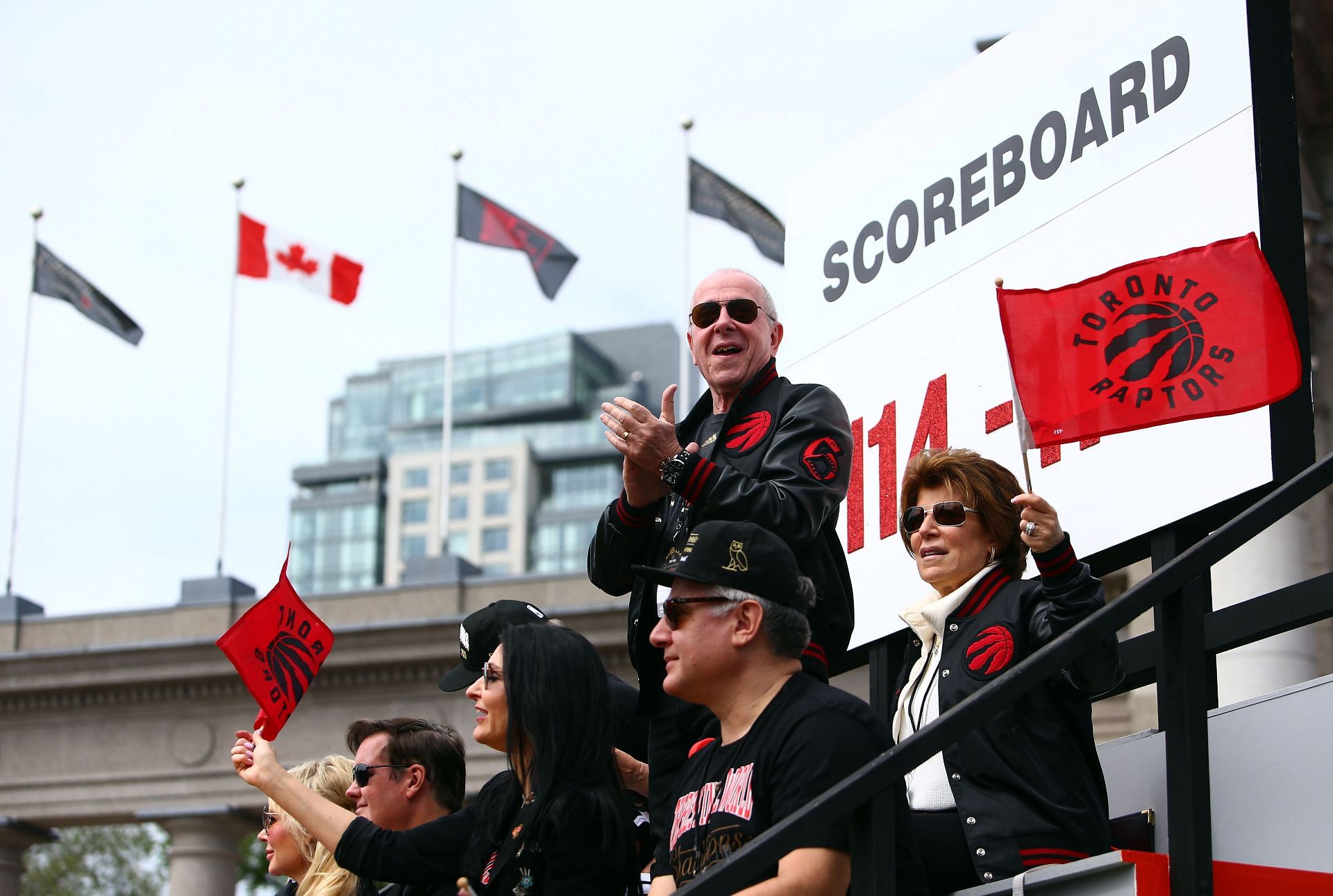 TORONTO, ON - JUNE 17: Larry Tanenbaum, Chairman of MLSE, owners of the Toronto Raptors waves to the crowd during the Toronto Raptors Victory Parade on June 17, 2019 in Toronto, Canada. The Toronto Raptors beat the Golden State Warriors 4-2 to win the 2019 Finals.