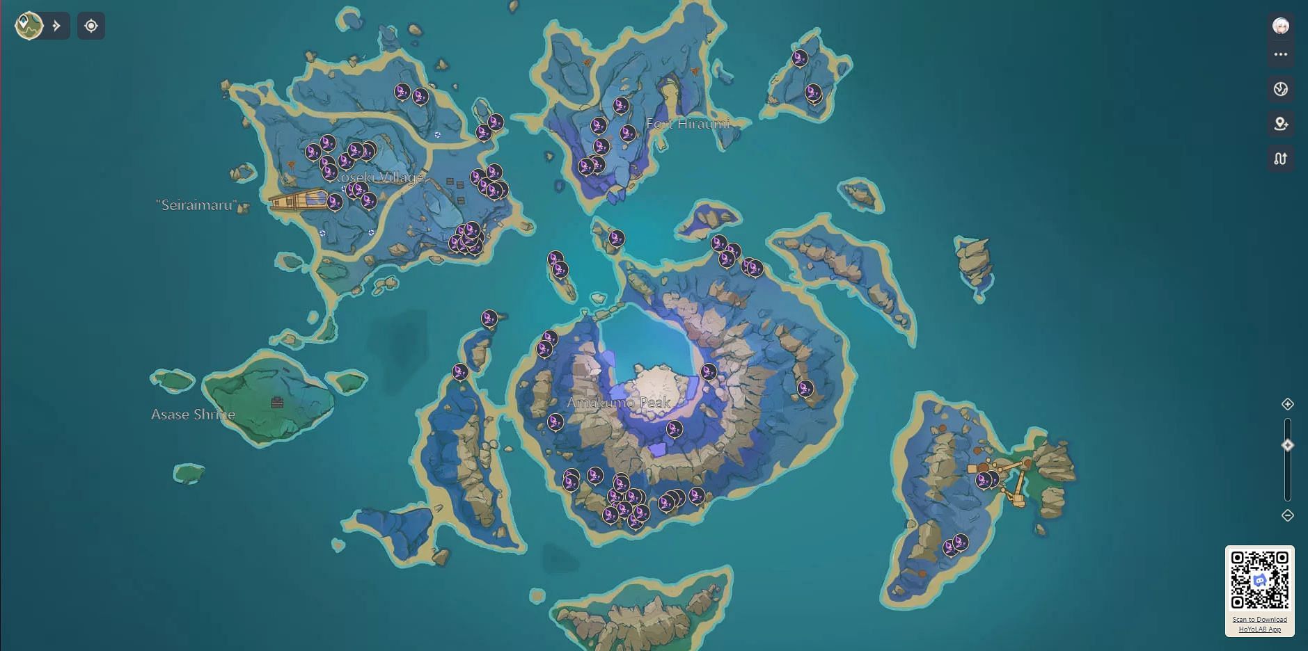 Seirai Island Naku Weed locations in Genshin Impact (Image via Teyvat Interactive Map)