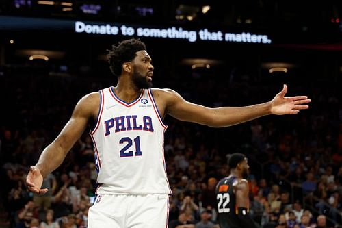 Joel Embiid in action during Philadelphia 76ers' match against the Phoenix Suns