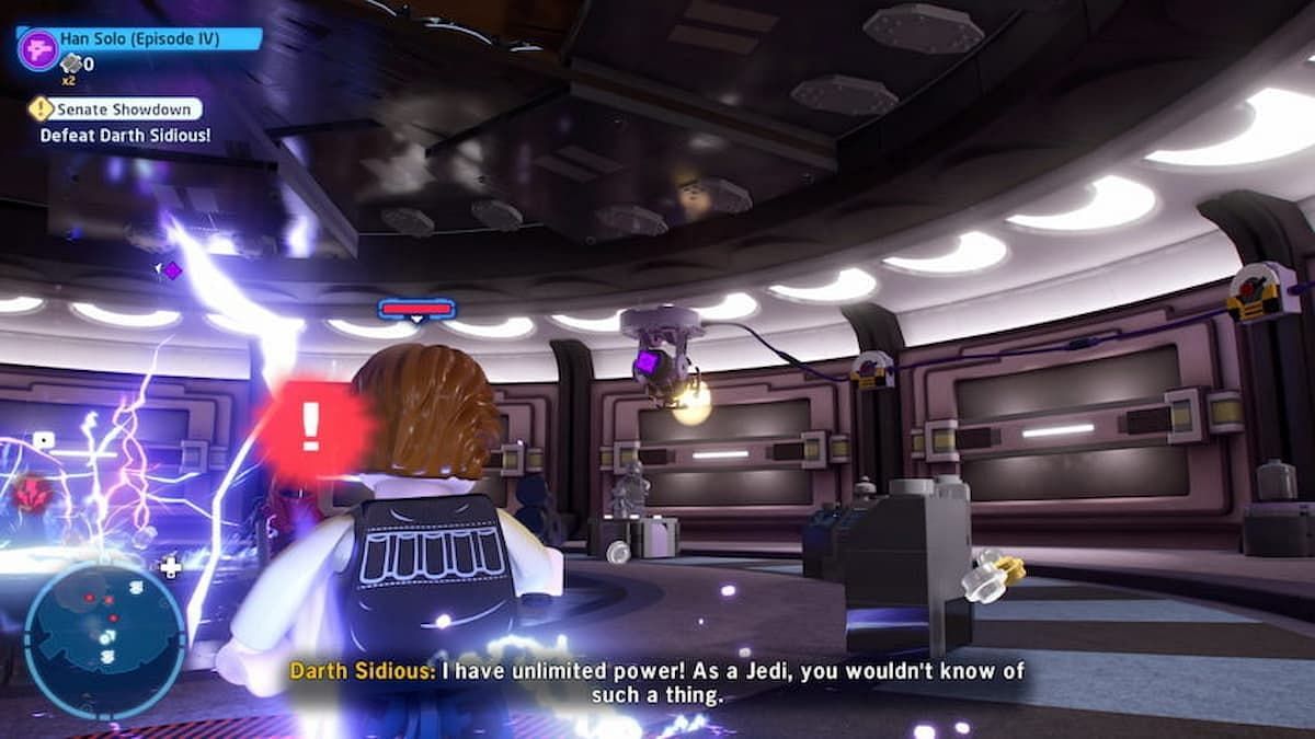 Fire at the lights to disrupt the Emperor&#039;s attack in Lego Star Wars: The Skywalker Saga (Image via TT Games)