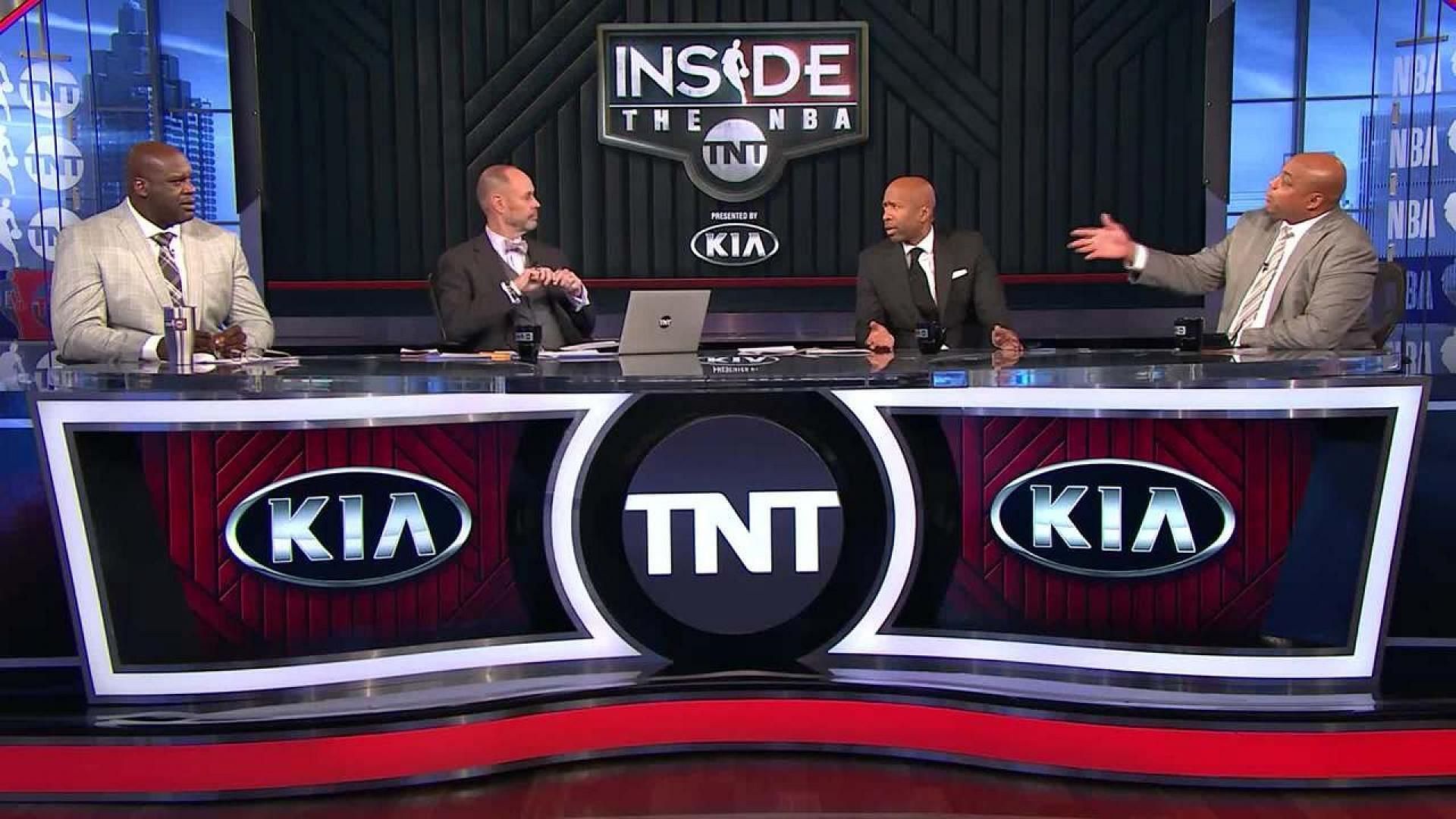 The &#039;NBAonTNT&#039; crew members: Shaquille O&#039; Neal, Ernie Johnson, Kenny Smith, and Charles Barkley