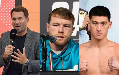 [L-R] Eddie Hearn, Canelo Alvarez and Dmitry Bivol