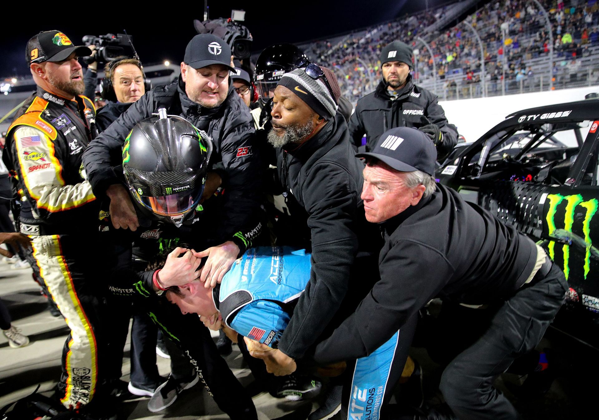 Sam Mayer and Ty Gibbs get into an altercation after the 2022 NASCAR Xfinity Series Call 811 Before You Dig 250 powered by Call 811.com at Martinsville Speedway in Virginia. (Photo by Meg Oliphant/Getty Images)