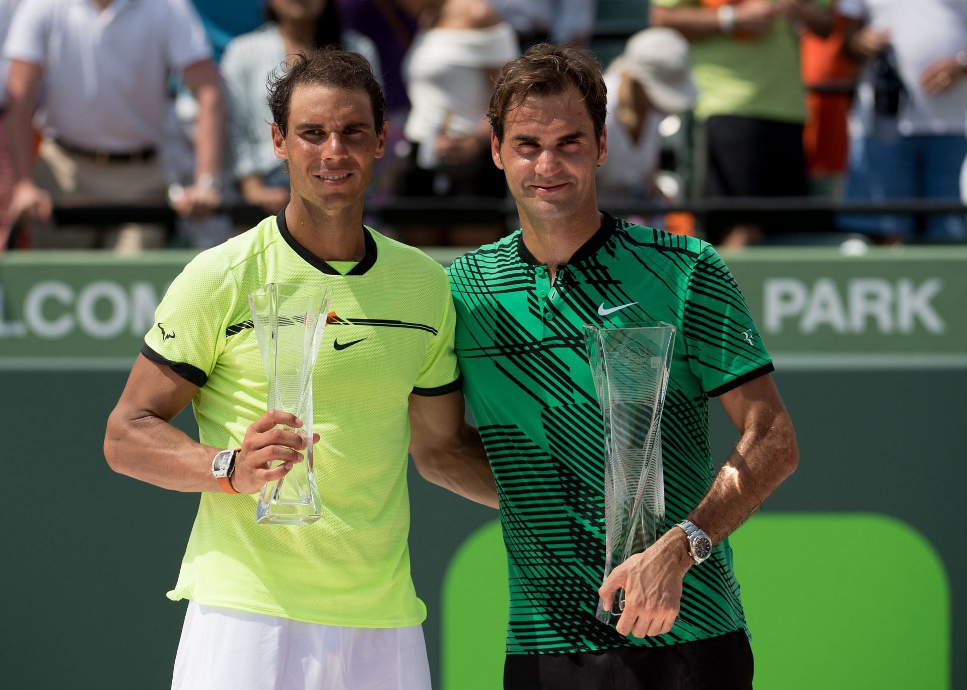 Rafael Nadal (left) has reached the final five times at Miami but has never won the elusive title.