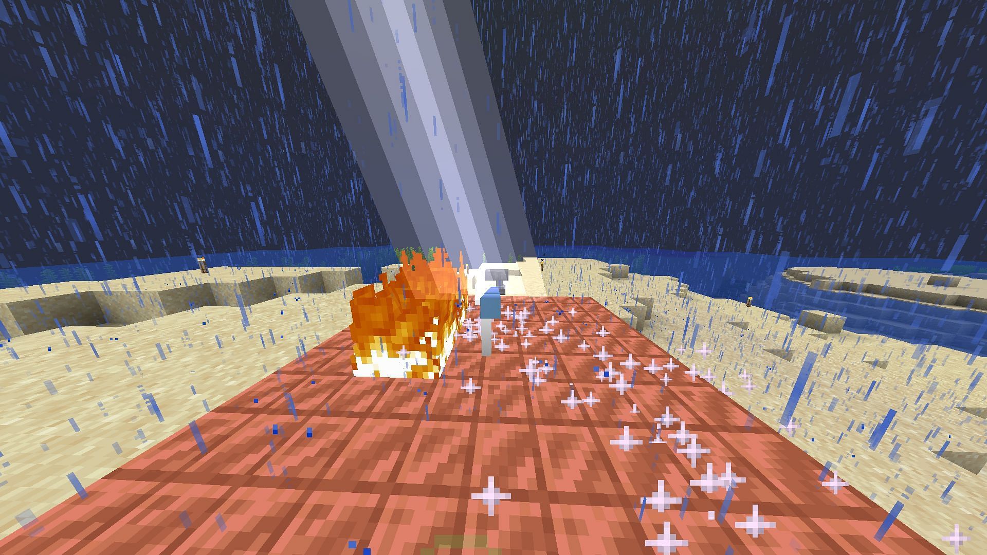 A lightning strike hits a lightning rod (Image via Minecraft)