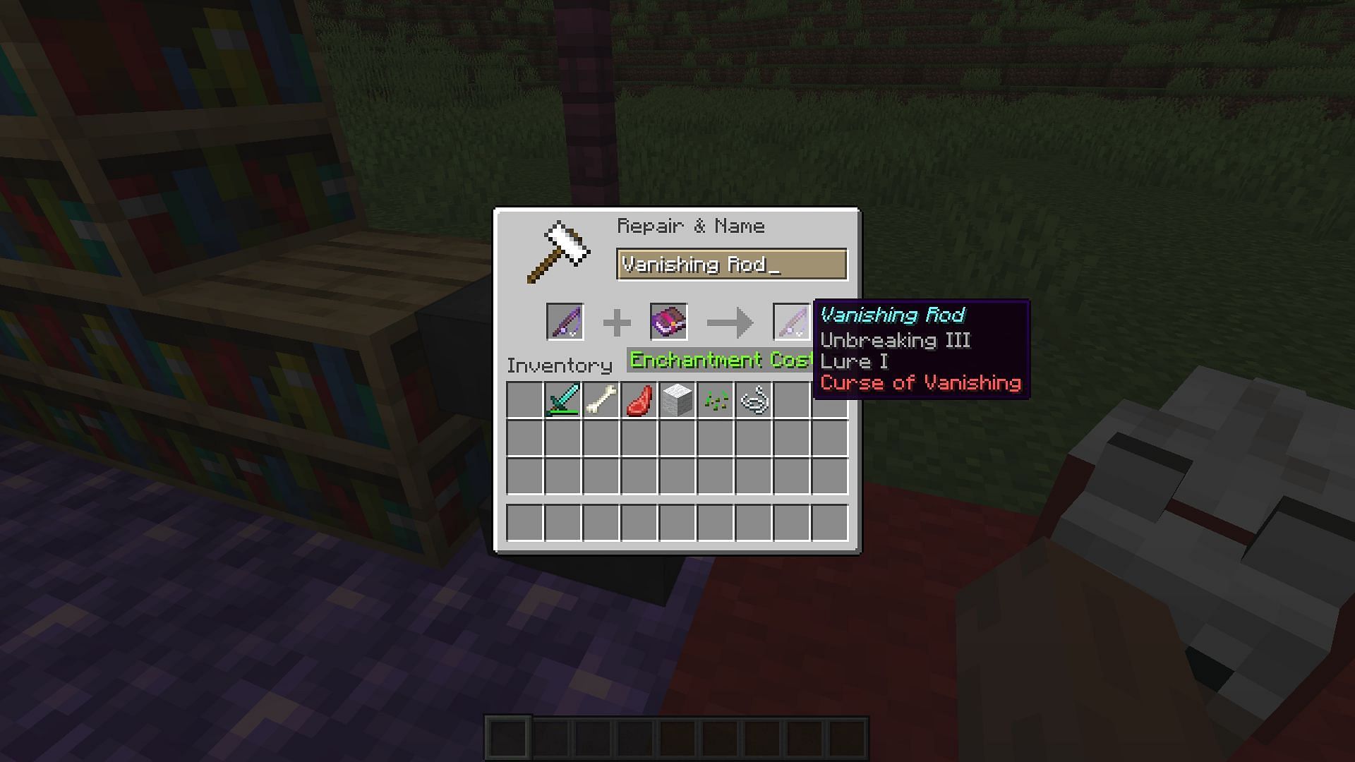 Curse of vanishing being added to a fishing rod (Image via Minecraft)