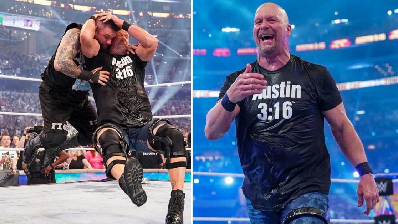 Kevin Owens eats a Stunner; Stone Cold Steve Austin celebrates in the ring at WrestleMania Sunday.