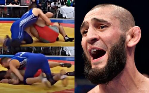 'Borz' outwrestling his opponent (top and bottom left, images courtesy of @khamzat_chimaev Instagram); Khamzat Chimaev (right, image courtesy of Getty)