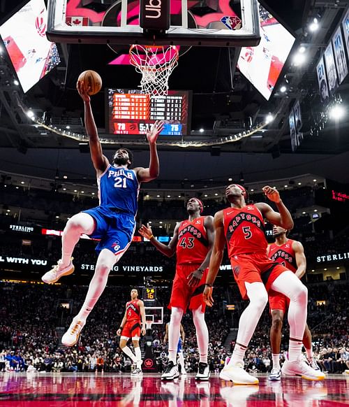 Philadelphia 76ers v Toronto Raptors; Joel Embiid driving for a lay up