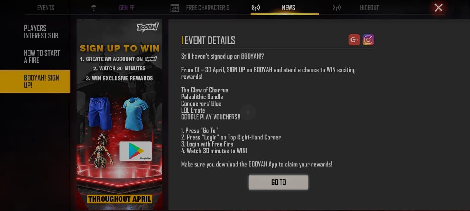 Latest Booyah! Sign Up event in Free Fire (Image via Sportskeeda)