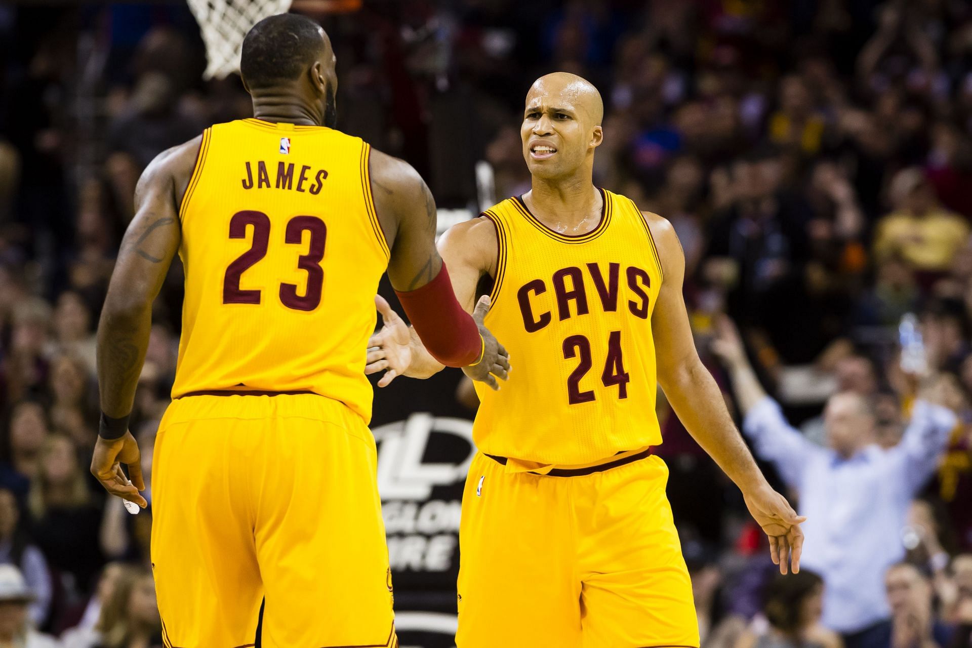 LeBron James #23 of the Cleveland Cavaliers and Richard Jefferson #24 celebrate after a play during the first half against the Washington Wizards at Quicken Loans Arena on March 25, 2017 in Cleveland, Ohio.