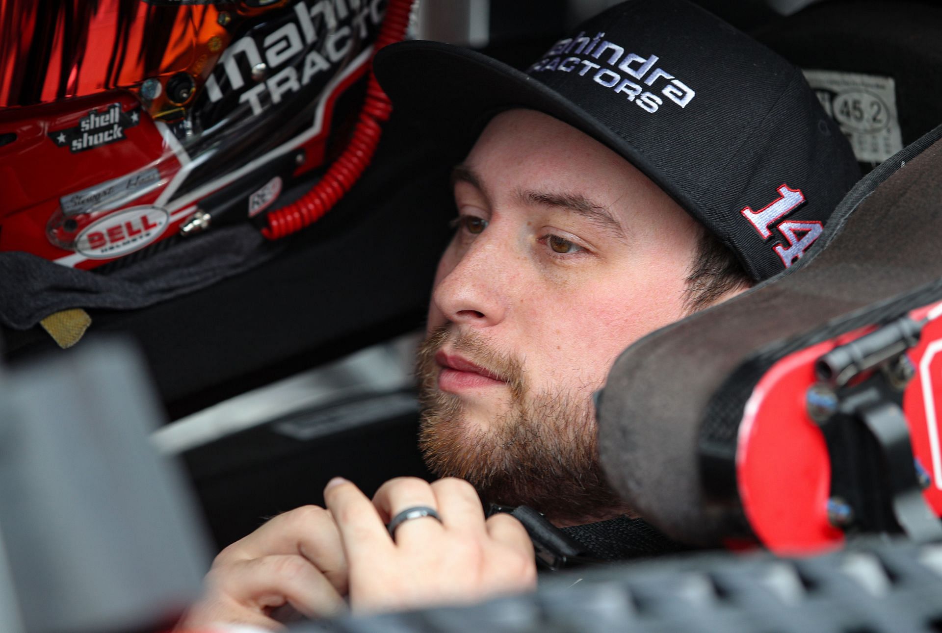 Chase Briscoe sits in his car during qualifying for the NASCAR Cup Series Blue-Emu Maximum Pain Relief 400 at Martinsville Speedway.