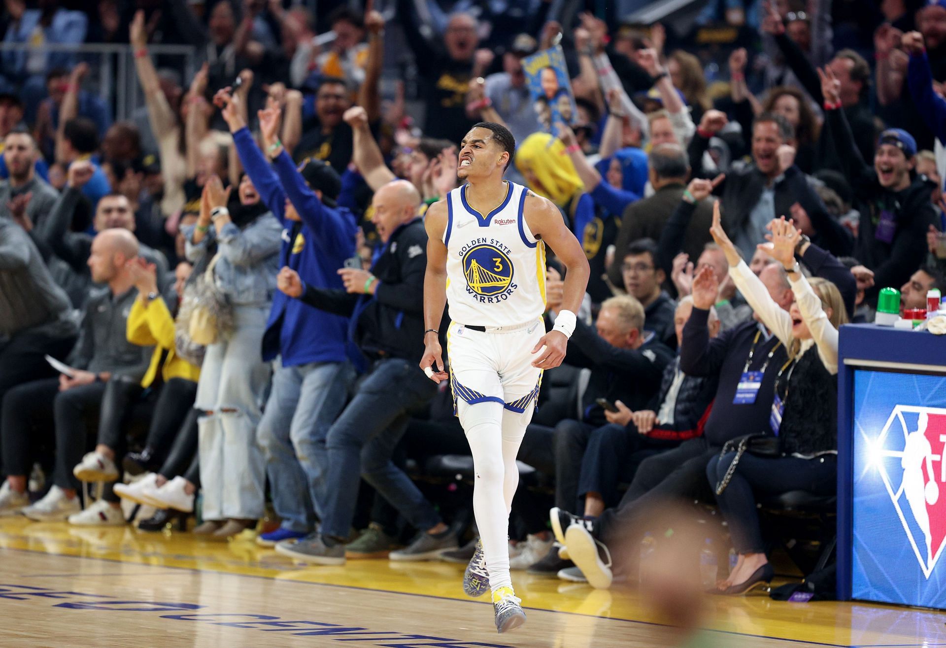 Jordan Poole of the Golden State Warriors reacts after making a 3-pointer against the Denver Nuggets in Game 2 of the first round of the Western Conference playoffs on Monday in San Francisco, California.