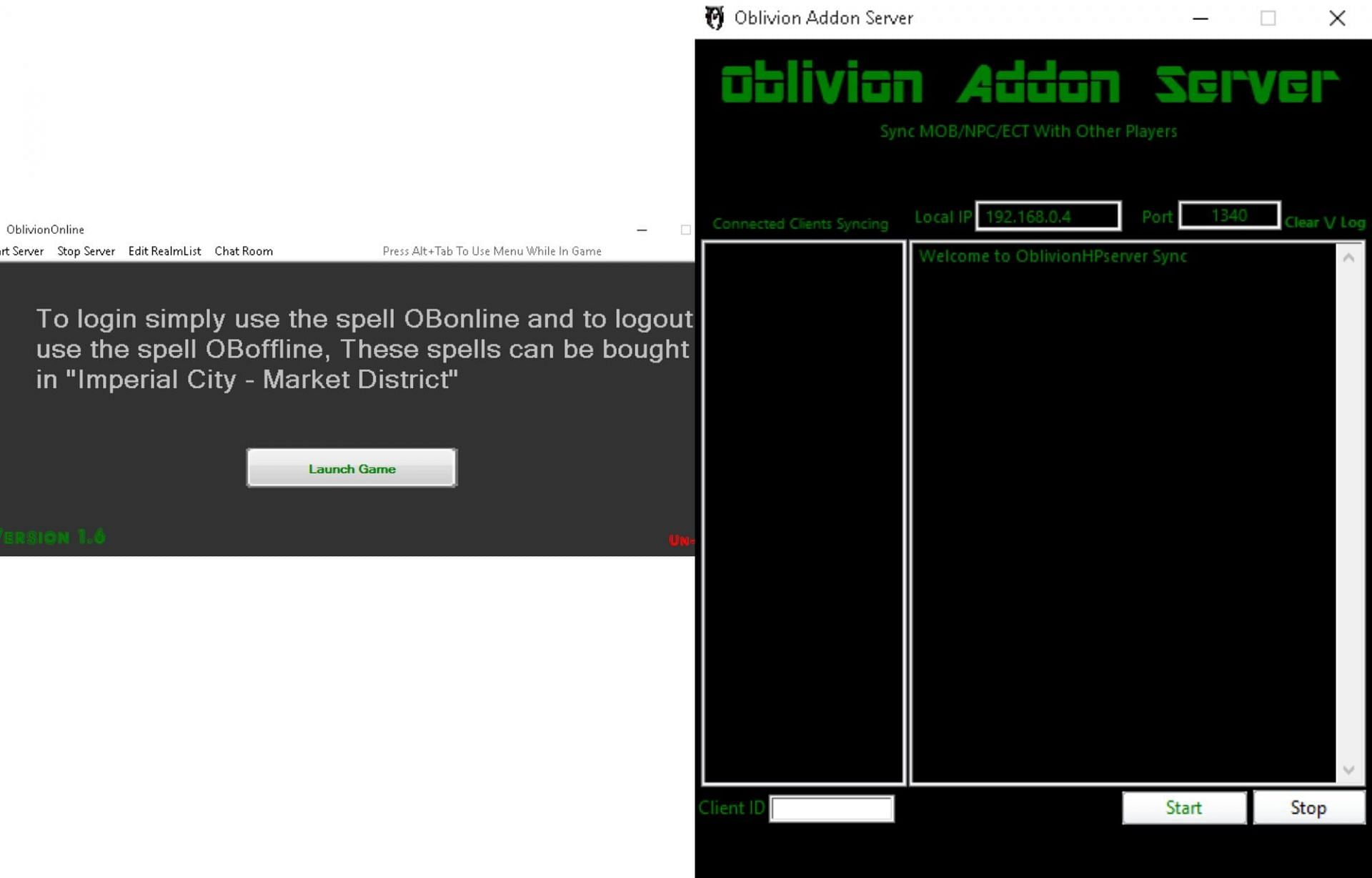A sinistra: la finestra che indica se OblivionOnline è pronto per l'esecuzione;  A destra: finestra server aggiuntiva (immagine tramite Nexusmods/myswordnu)