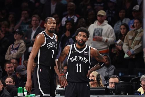 Kevin Durant #7 and Kyrie Irving #11 of the Brooklyn Nets