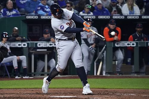 Miguel Cabrera makes contact with a pitch during yesterday's Detroit Tigers v Kansas City Royals game